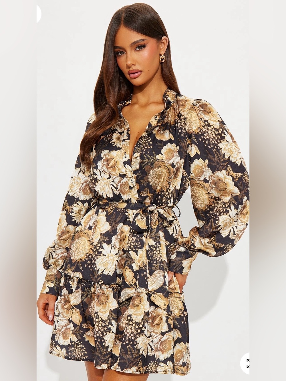 Floral Belted Satin Long Sleeve Women’s Dress in Black & Gold